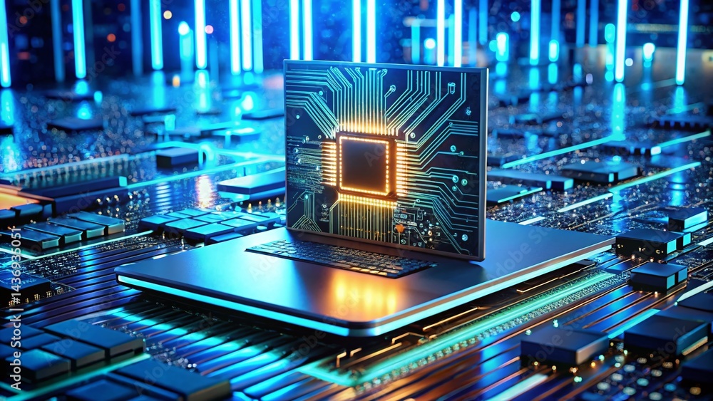 Poster panoramic futuristic cpu: abstract circuit board & microchip processor technology