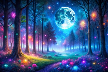 Obraz premium Panoramic Neon Fairy Forest Night Scene: Magical Moonlit Woods with Vivid Lights & Space
