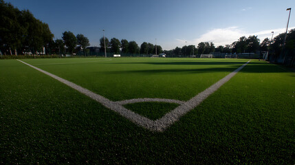Fototapeta premium Wide angle view of an empty well maintained green artificial turf soccer field under clear blue skies : Generative AI