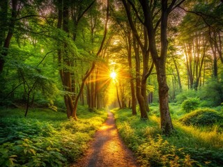 Fototapeta premium Panoramic Sunset Forest Path: Lush Greenery, Mystical Adventure, Nature Walk