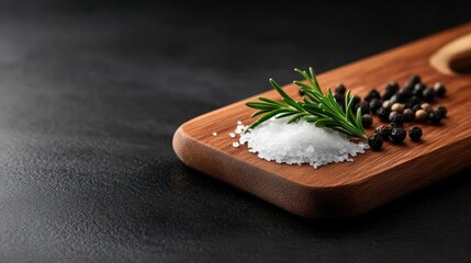 Wooden cutting board with salt, peppercorns, and rosemary