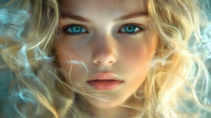 Fototapeta premium Close-up portrait of a young girl with radiant blue eyes.