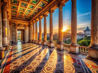 Obraz premium Panoramic View of Roman Portico with Multicolored Tile Mosaic in Rome, Italy