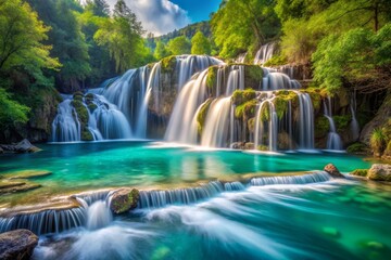 Cascading Waterfall in Lush Green Forest