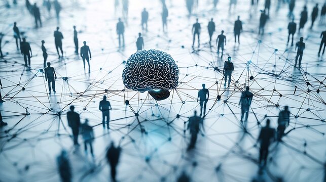 Brain Connected to People on White with Blue Tones