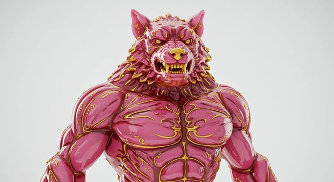 A warewolf made of pink glass with golden details on white background motion