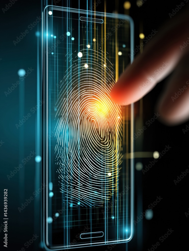 Poster floating hand interacts with smartphone featuring glowing biometric fingerprint scanner technology d