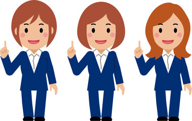 ナンバーワンポーズをする笑顔の紺色スーツの若い女性