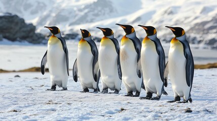 Obraz premium Majestic King Penguins March Across Antarctic Snow