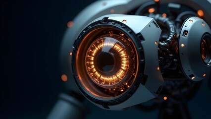 Close-Up Robotic AI Eye Module with Glowing Mechanisms and Layered Lenses