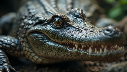 Obraz premium Close-up of Alligator Head Showing Scales and Sharp Teeth