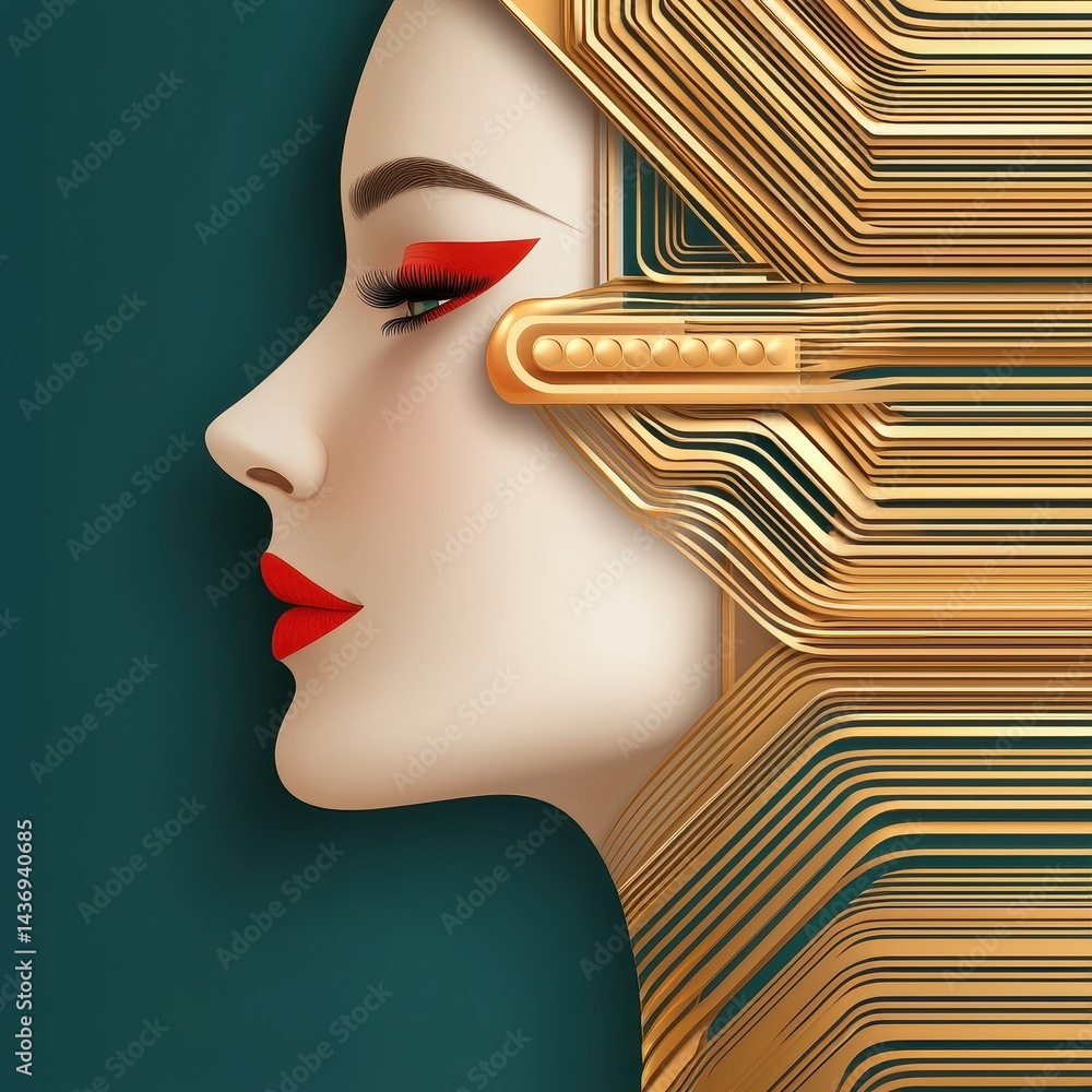 Poster profile of a stylized female face adorned with intricate layered gold geometric patterns creating a 