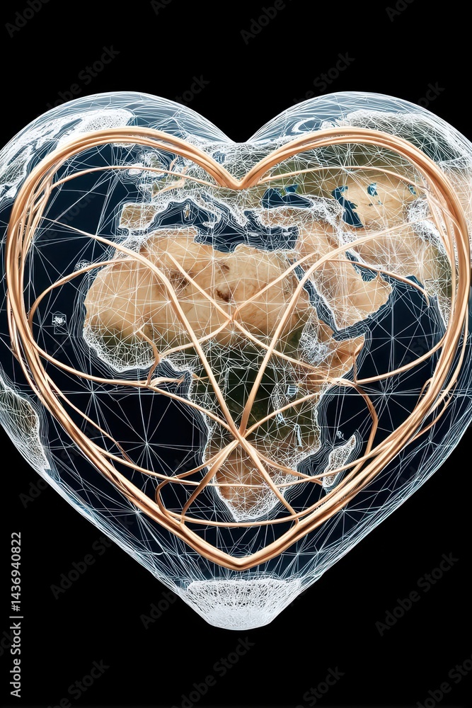 Poster Heart-shaped globe with interconnected network lines symbolizing Fairtrade principles and global unity in sustainable practices
