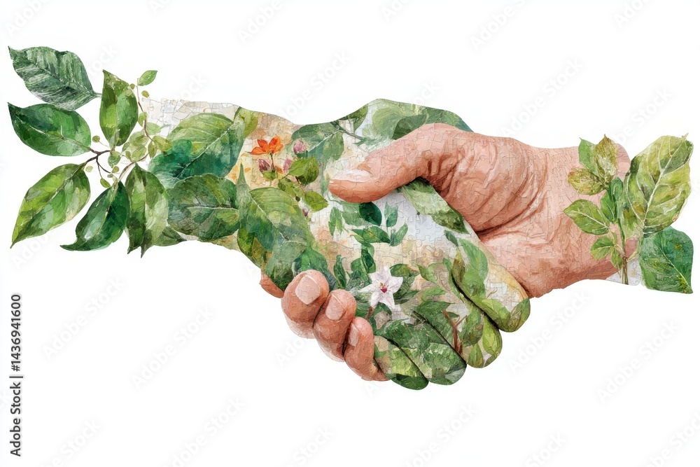 Aufkleber artistic representation of a handshake with leafy elements in a sustainable context