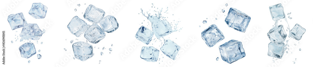 Poster png floating ice cubes with splashes, element set on transparent background