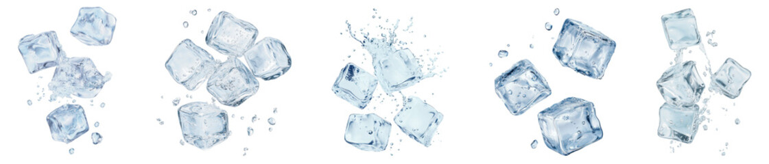 Obraz premium PNG Floating ice cubes with splashes, element set on transparent background