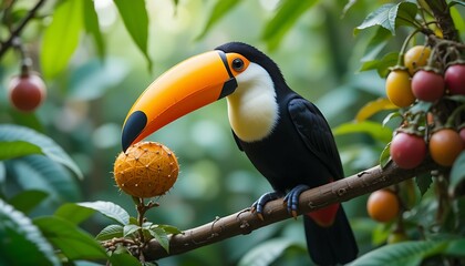 Obraz premium Toucan Eating Fruit on Tree Branch in Jungle Setting
