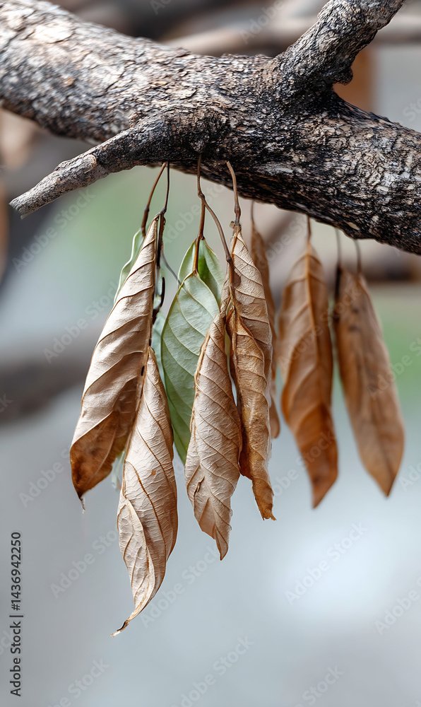 Poster Dry leaves hanging beautifully from a branch displaying nature's transition and texture : Generative AI