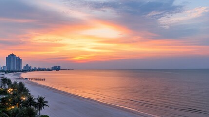 Serene coastal sunrise over a cityscape pastel hues paint the sky reflecting on calm ocean waves lapping a sandy shore palm trees line the beach