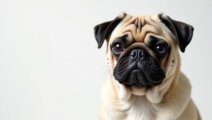 Solo pug against white backdrop; charming wrinkles, expressive eyes , wrinkled, background