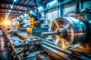 Fototapeta premium Precision Lathe in Busy Factory - Minimalist Industrial Manufacturing Stock Photo