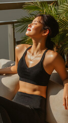 Young woman enjoying sunshine while sitting on a comfortable couch in a stylish living space : Generative AI
