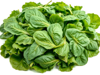 Fototapeta premium Fresh bunch of green spinach leaves isolated on white background. Generative AI