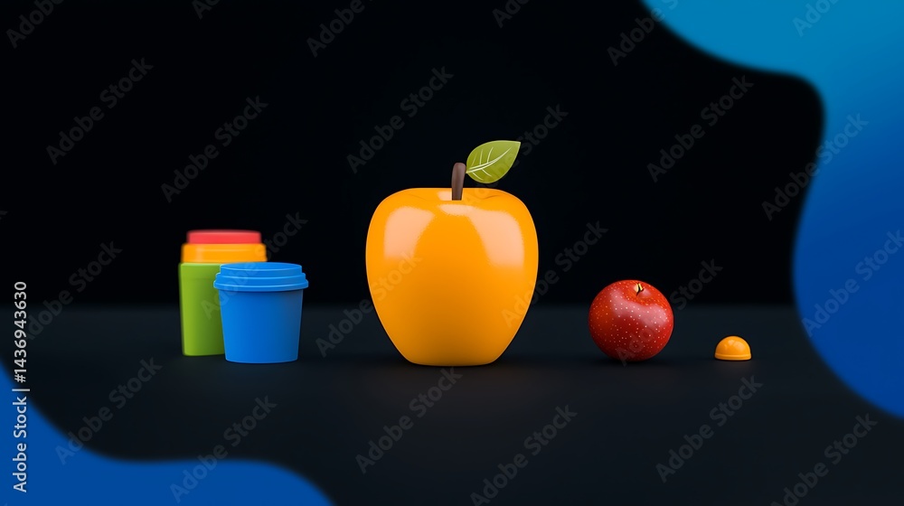 Poster vibrant collection of colorful fruit and cups arranged on a dark surface with a smooth gradient back