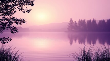 Fototapeta premium Serene Sunset over Still Water Silhouetted Trees and Misty Mountains Reflecting in Calm Lake at Dawn Tranquil Nature Scene