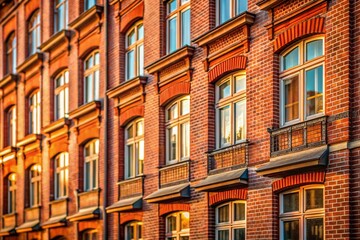 Fototapeta premium Red Brick Residential Building Facade with Windows - High Depth of Field Stock Photo
