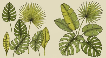 Fototapeta premium Tropical foliage illustration featuring lush monstera and palm leaves in a vintage style for botanical designs and exotic patterns
