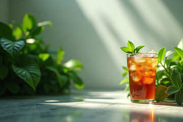 Refreshing Iced Tea with Lush Green Plants on Minimalist Background Perfect for Text Space