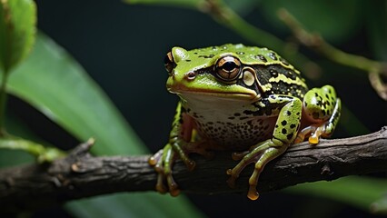 Naklejka premium Green Tree Frog on Branch – Nocturnal Amphibian in Natural Habitat