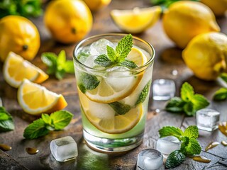 Fototapeta premium Refreshing Summer Lemonade Mojito Cocktail with Ice Cubes and Mint Leaves