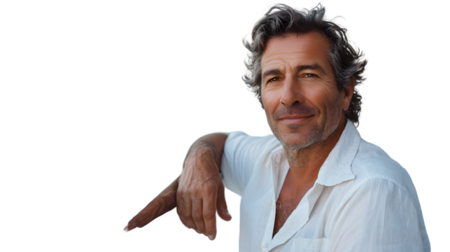 Professional Portrait of a Content Mature Man Relaxing on His Motorbike Outdoors