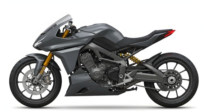 Side view of a gray motorcycle with yellow shocks and disc brakes on a white background studio shot