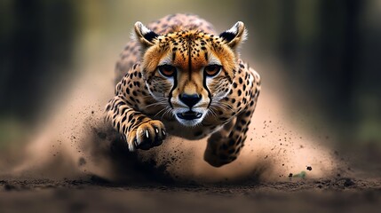 A cheetah sprinting across open savannah in full speed, limbs extended in mid-air, trail of dust following behind, background blurred with motion, sharp focus on eyes and face, realistic high-speed ac