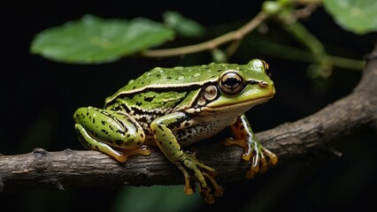 Naklejka premium Green Tree Frog on Branch – Nocturnal Amphibian in Natural Habitat