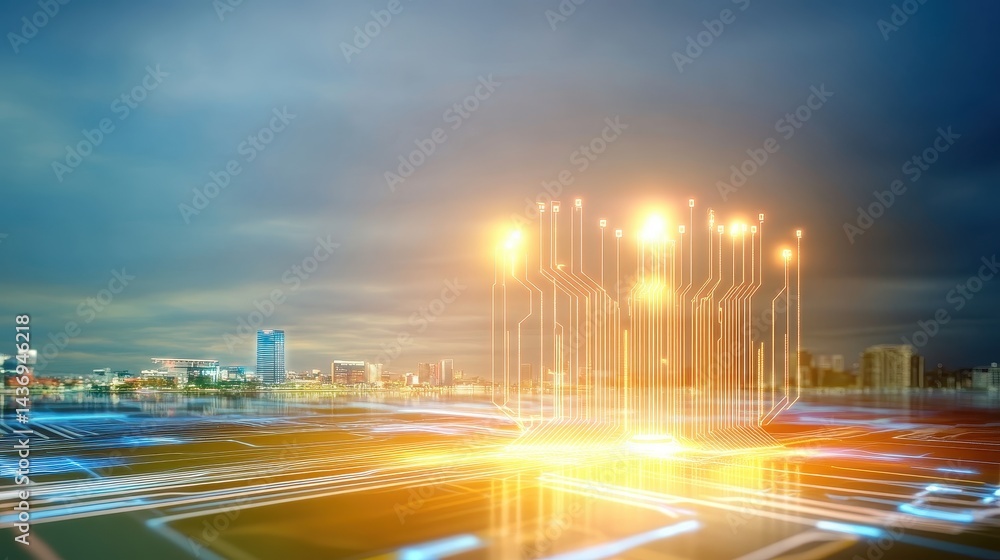 Aufkleber illuminated circuitry network over cityscape at dusk futuristic smart city technology concept digita