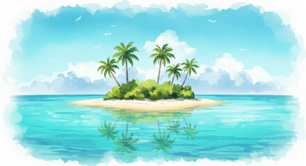 Watercolor island illustration with palm trees and turquoise water for travel and summer vibes