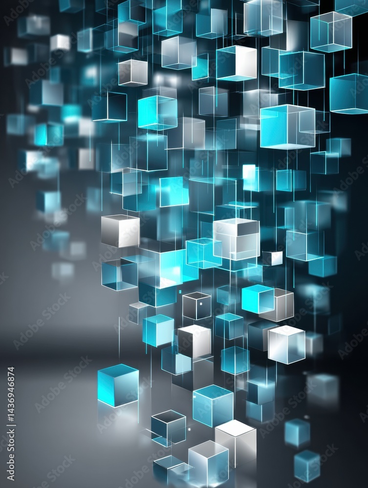 Poster Floating Blocks and Cubes Illustrate Blockchain Technology as Dynamic Entities in a Digital Setting