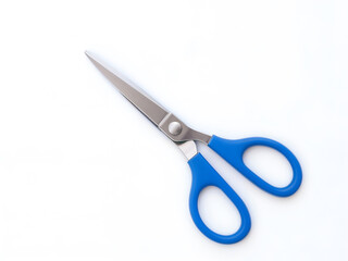 Stainless steel scissors with blue handle isolated on white background. Generative AI