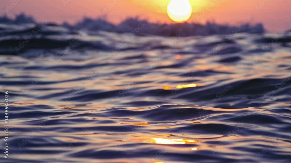 Poster close-up video of gentle ocean waves reflecting sunset colors, captured from a low angle, creating a