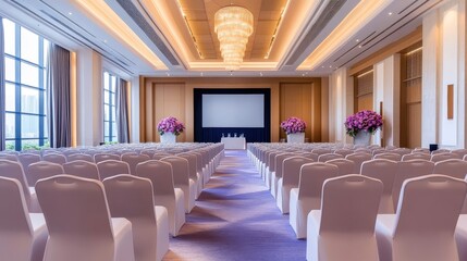 Elegant Conference Room Interior with Rows of Empty White Chairs Large Windows and Purple Floral Arrangements Modern Design Neutral Color Palette Bright Lighting