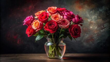 Romantic Red & Pink Rose Bouquet Silhouette, Moody Background, Special Occasion Flowers