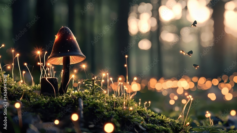 Poster enchanting luminescent forest scene with glowing fungi illuminated moss and dancing fireflies at dus