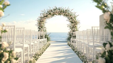 Pristine beach wedding ceremony adorned with floral arch.