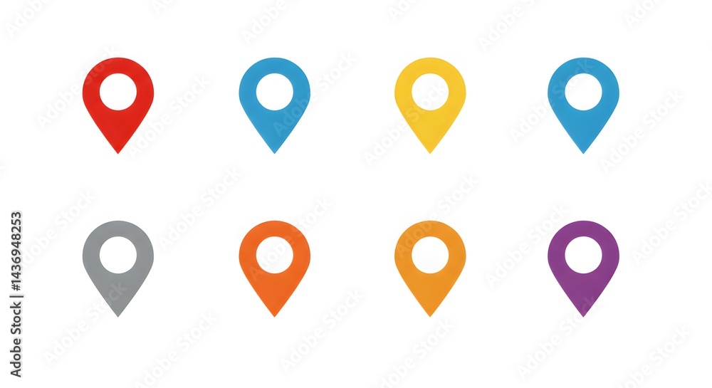 Poster eight location pin icons in various colors arranged in two rows on a white background image