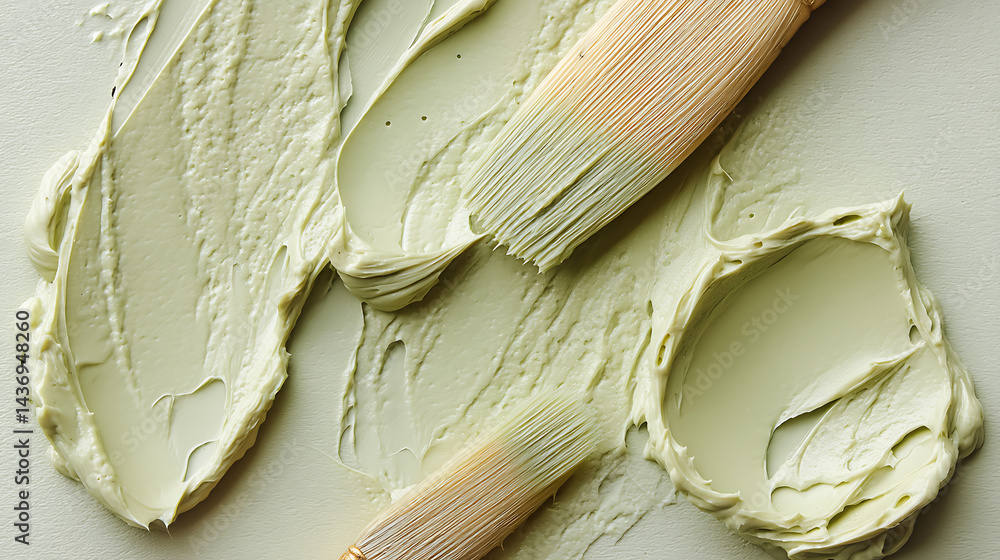 Poster Artistic Close Up of Paint on a Palette with Brushes Showing the Textured Layers of Green Tones : Generative AI