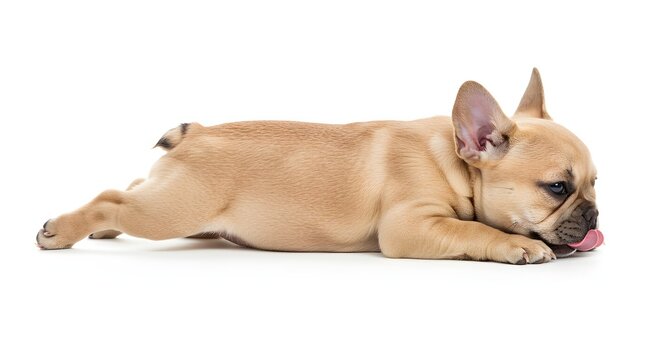 A fawn french bulldog puppy lying down on a white surface licking its nose with its pink tongue out